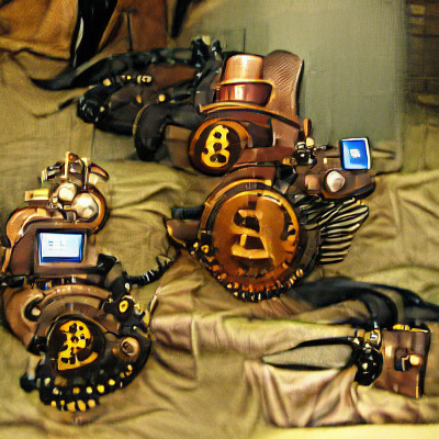 a lot of bitcoins in steampunk style