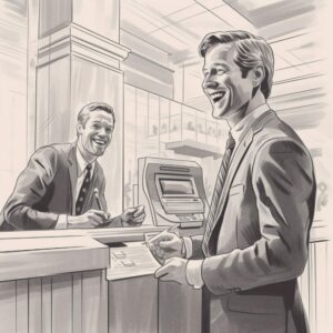 fernando172543 a man opening a bank account while bank smiles 4a356bb0 46e6 41c1 95b4 b87621f9616d